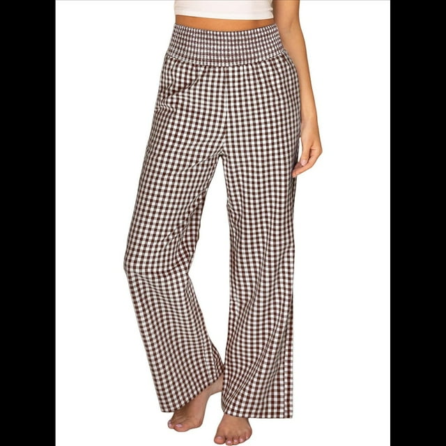 Pantalones Palazzo de Cuadros para Mujer, Pantalones de Pijama de Cintura Alta y Pierna , Pantalones Casuales Bonitos con Bolsillos Marrón L