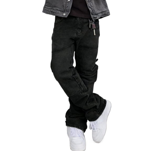 Reppunk Men's Vintage Black Wash Carpenter Stacked Flare Jeans, Knee Reinforced Utility Workwear Denim Pants, Business Casual Versatile Daily Office Commute Trousers