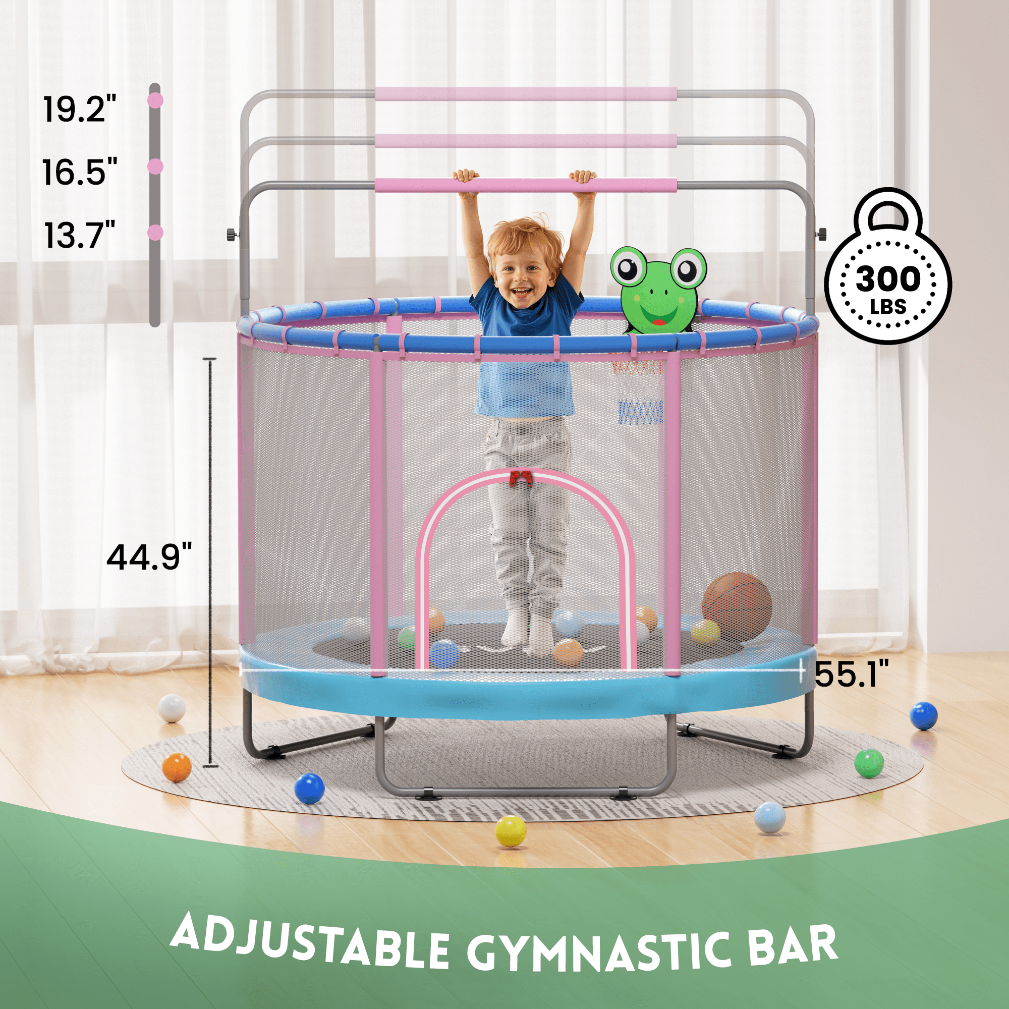 GVDV Trampoline for Kids, 60" Toddler Mini Trampoline with Enclosure Net, Basketball Hoop