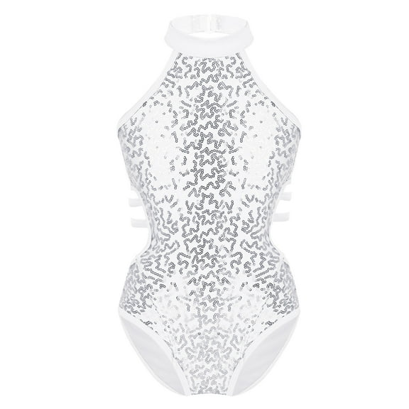 LiiYii Gymnastics Leotards for Girls Sequins Cutout Back Ballet Dance Athletic Bodysuit Dancewear White 6