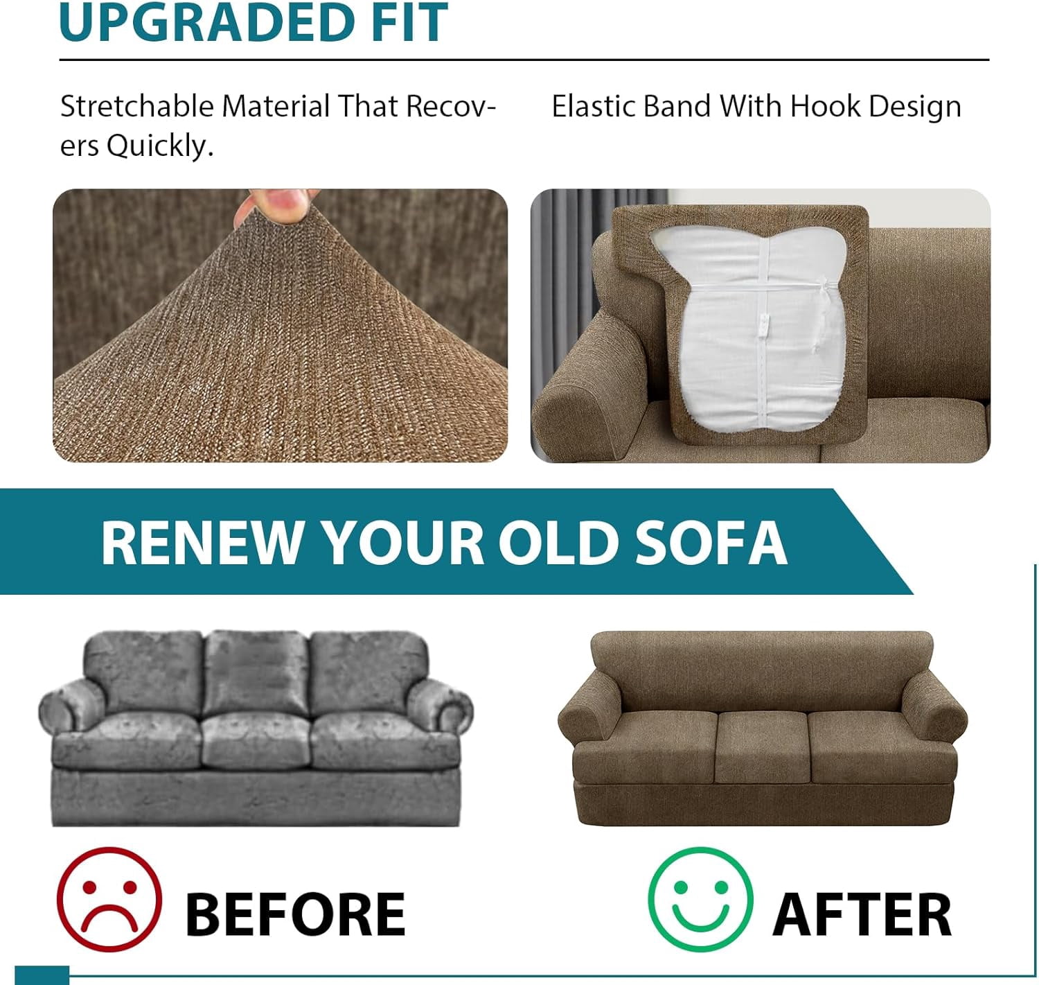 4 Piece T Cushion Sofa Slipcovers Stretch Couch Cover Furniture Covers with 3 Individual T Cushion Covers, Machine Washable for Living Room (Brown, 3 Cushions)