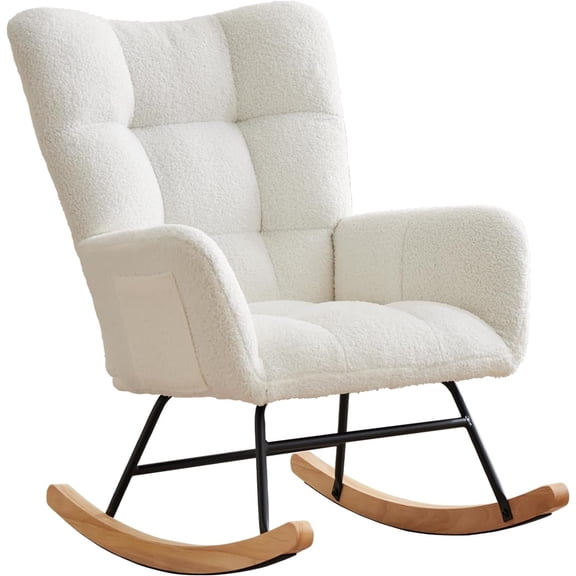 Comfy Rocking Chair for Nursery or Bedroom Upholstered Glider with Side Pocket, Ergonomic Backrest, and Soft Armrests – Ideal Accent Chair for Reading, Relaxing(White)