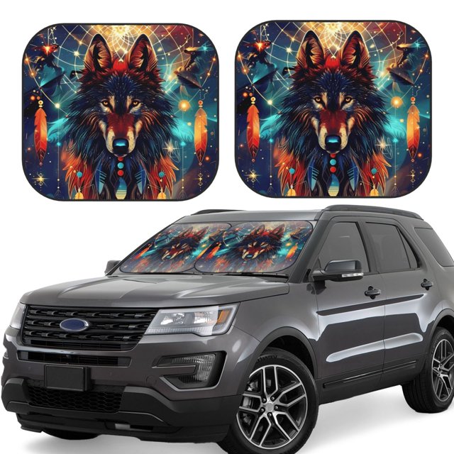 Vsdgher Mystic Wolf Dreamcatcher Print Car Windshield Sun Shade, Reflective Sunshade Window Sunshade Sun Visor Protector Fit for Cars,Trucks,SUVs-Small