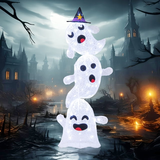 Gymax Décorations d'Halloween 4 Pieds Extérieur Empilé Ghosts avec Lumières LED Intégrées