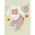 thumbnail image 2 of Wassery Baby Girls Boys Fall Outfits Clothes 3M 6M 9M 12M 18M Infant Long Sleeve Letter Print Romper Rugby Print Pants Hat 3Pcs Autumn Clothing for Newborn Girls Boys, 2 of 8
