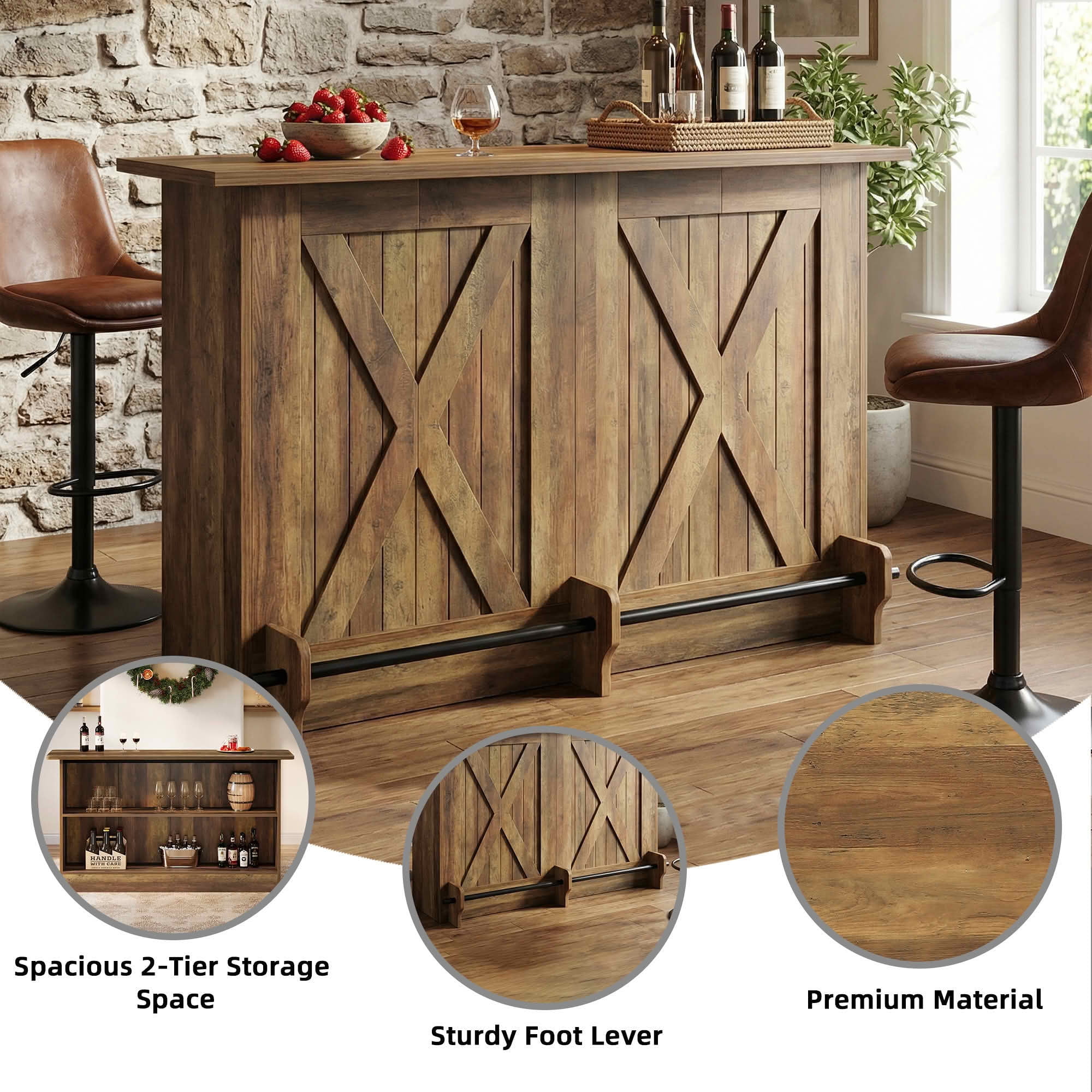 MAYEERTY 63 Inch 2 Tier Home Bar Unit, Industrial Bar Table Coffee Cabinet with Footrest, Adjustable Leg Pads for Home Party Wine Storage