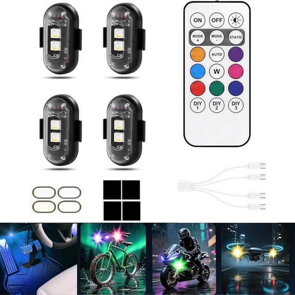 VFM 4 PCS Wireless LED Strobe Lights with Remote Control, 8 Colors USB Charing Waterproof Anti-Collision Led Emergency Warning Lights for Car Motorcycle Drone Aircraft Bike