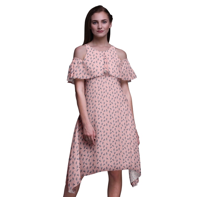 Bimba Pink Leaves Printed Womens Ruffle Front Cold Shoulder Swing Shift Dress - XXX-Large
