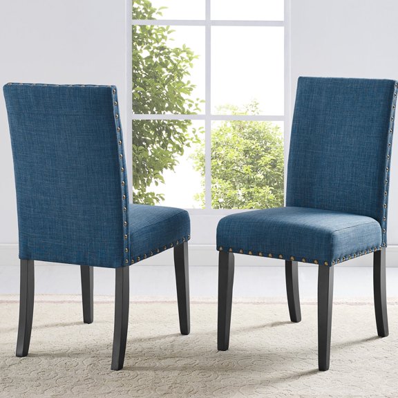 Roundhill Furniture Biony Blue Fabric Dining Chairs with Nailhead Trim, Set of 2