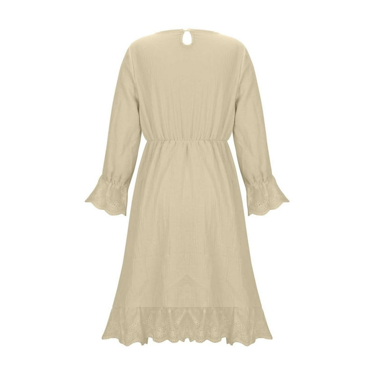 Cethrio Cotton Linen Dresses for Girl, Summer Long Sleeve Casual Mid-length Birthday Dresses Beige Size 10-12, Girl's, Size: 10-11T