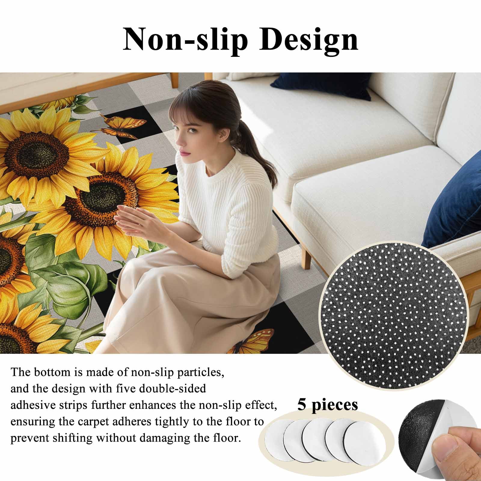 Entrance Runner Rug 2'x3', Sunflower Checkered Non-slip Doormat for Indoor Outdoor Entrance, Black Buffalo Plaid Pastoral Flowers Throw Floor Mat for Front Door/Living Room/Bedroom/Bathroom/Kitchen