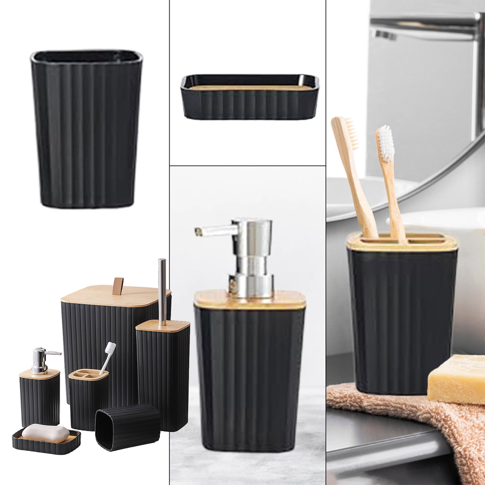 Kraoden 6 Pcs Bathroom Accessory Set, Plastic Bathroom Accessories with Toilet Brush, Soap Dispenser, Trash Can & Toothbrush Holder, Elegant Bathroom Decor