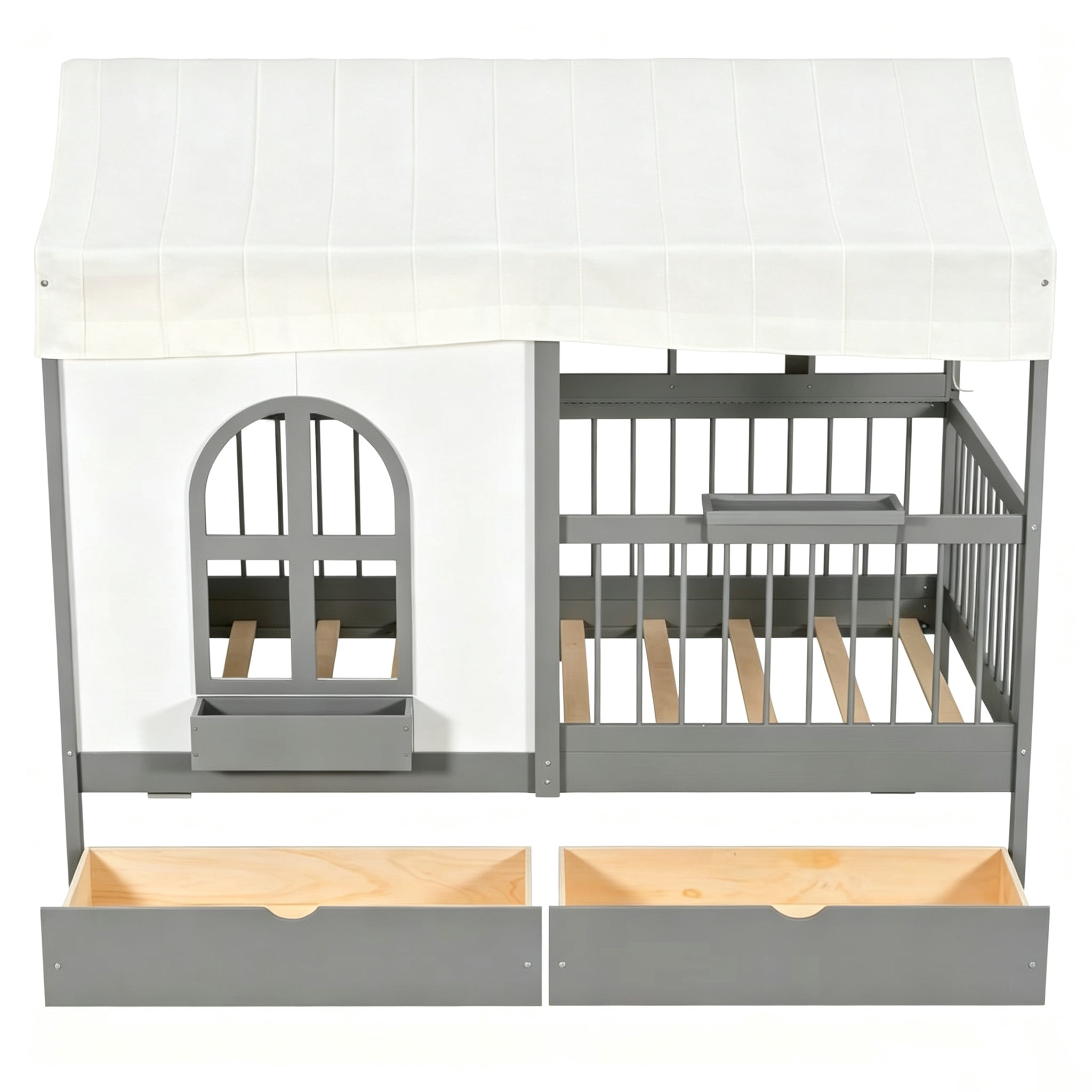 Mintazer Kids Twin Storage House Platform Bed with LED Light, Charging Station, Roof, 2 Large Drawers & Side Bookshelf for Bedroom, Gray
