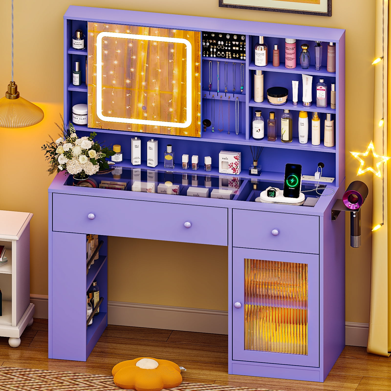Ktaxon Makeup Vanity with Lighted Mirror,  Vanity Table Set w/ Charging Station, Side Rack, Sophia Purple