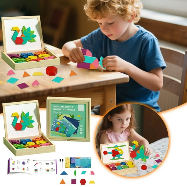 BKER Tangram Puzzle Geometric Building Double Drawing Board Children's Educational Wooden Assembly Toys (180)