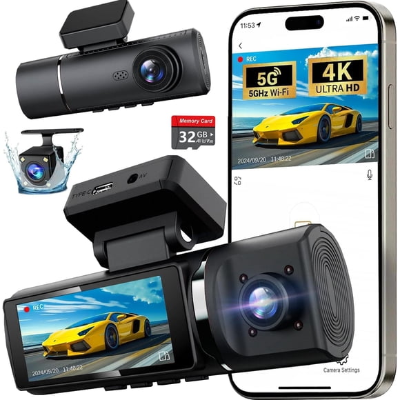 Caméra de Tableau de Bord 4K à 3 Canaux à l'Avant, Caméra de Tableau de Bord 1080P Arrière et Intérieure pour Voitures avec Carte 32 Go, Capteur G, Écran IPS 3,16, Stationnement 24 H, Contrôle par Application, Enregistrement en Boucle, Vision Nocturne