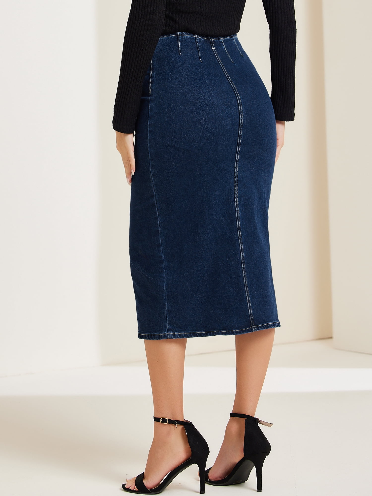 DARING DIVA Women's Denim Front Slit Zipper Bodycon Midi Jean Skirt M Dark Blue
