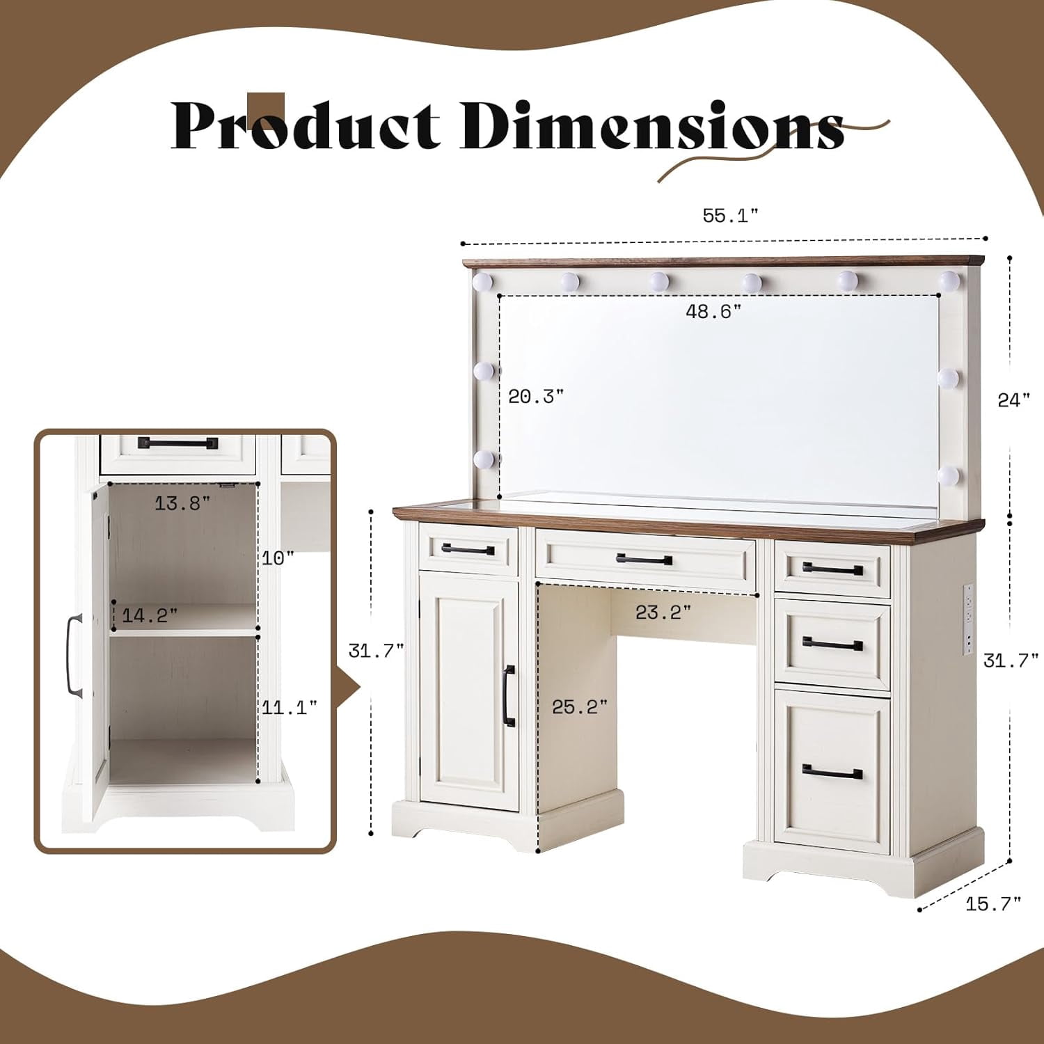 Merluxy Makeup Vanity with Mirror & Lights,Glass Top Vanity with 6 Drawers & Charging Station,White