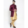 thumbnail image 3 of eloria Men's Indian Traditional Gold-Toned & Maroon Layered Silk Blend Kurta with Churidar Pyjama and jacket Set, 3 of 7