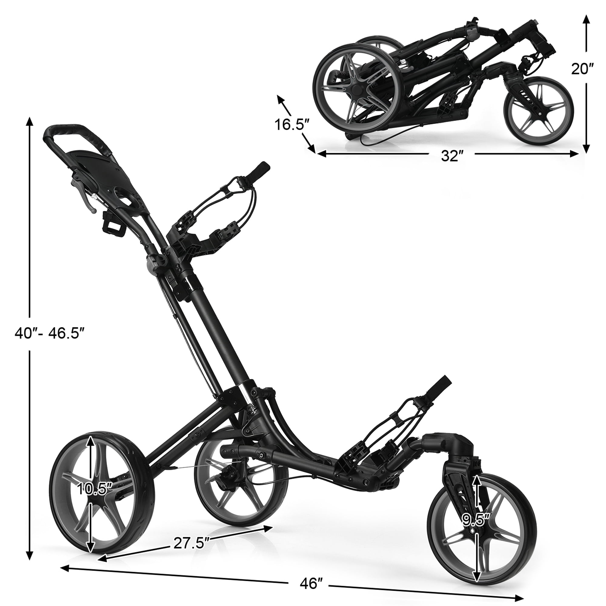 Gymax Foldable 3-Wheel Golf Push and Pull Cart Trolley with Adjust Handle Brake, Gray