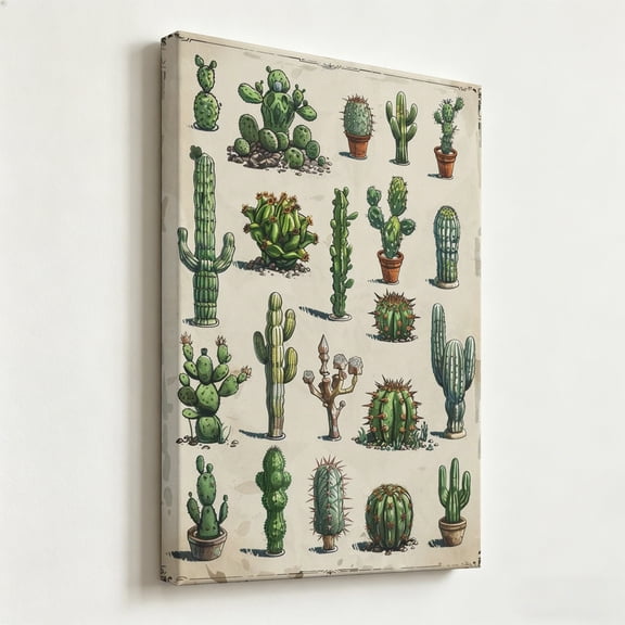 Vintage Cactus Botanical Chart Canvas Wall Art - Whimsical Succulent Gardening Illustration Print - Matte Finish Gallery Wrapped Desert Plant Decor Ready to Hang 8*12