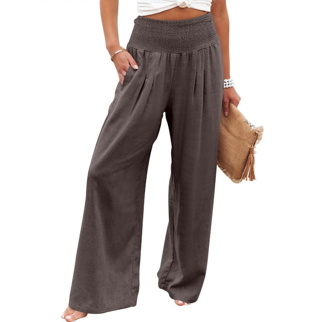 Pantalones Palazzo ANRABESS 2025 de lino para mujer, pernera ancha, color café