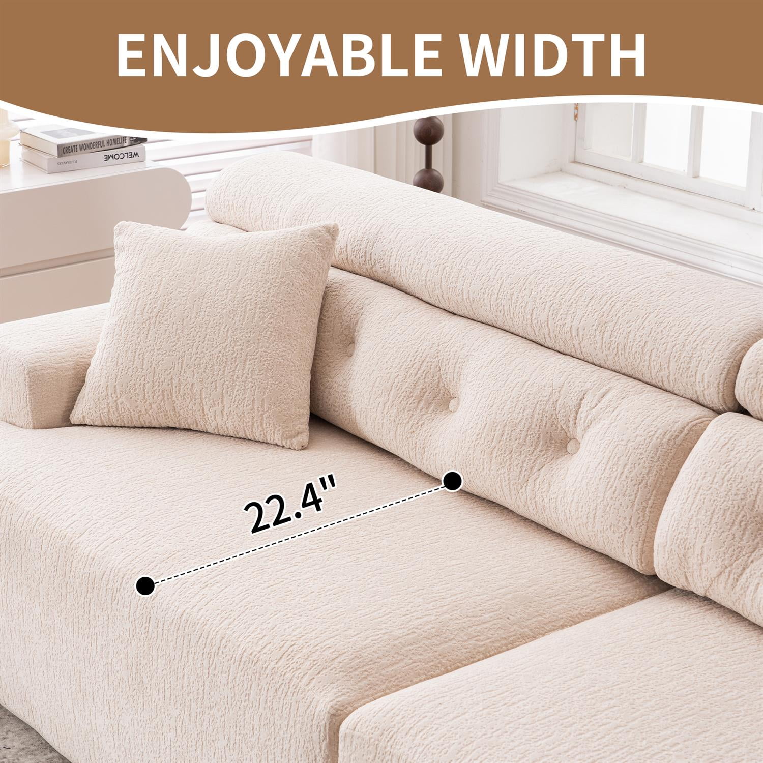 Demi Bonn 103" 4-Seater Compression Sofa Couch with Wood Grain Chenille Fabric, Full Sponge Cushion and 2 Cozy Pillows for Living Room, Beige