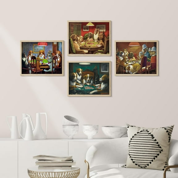 PixonSign Framed Wall Art Dogs Playing Poker Collection Posters, Set of 4 Classic Anthropomorphic Canine Illustrations Wall Decor, Adhesive Canvas Prints for Home Decor - 8"x10" Natural
