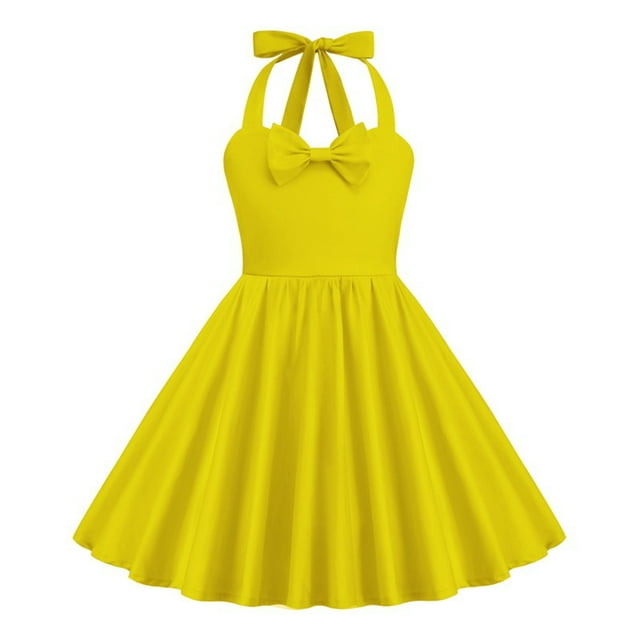 Besolor Robes Vintage pour Filles Nœud devant Sans Manches Bretelles Robe Rétro Couleur Unie Robe de Soirée