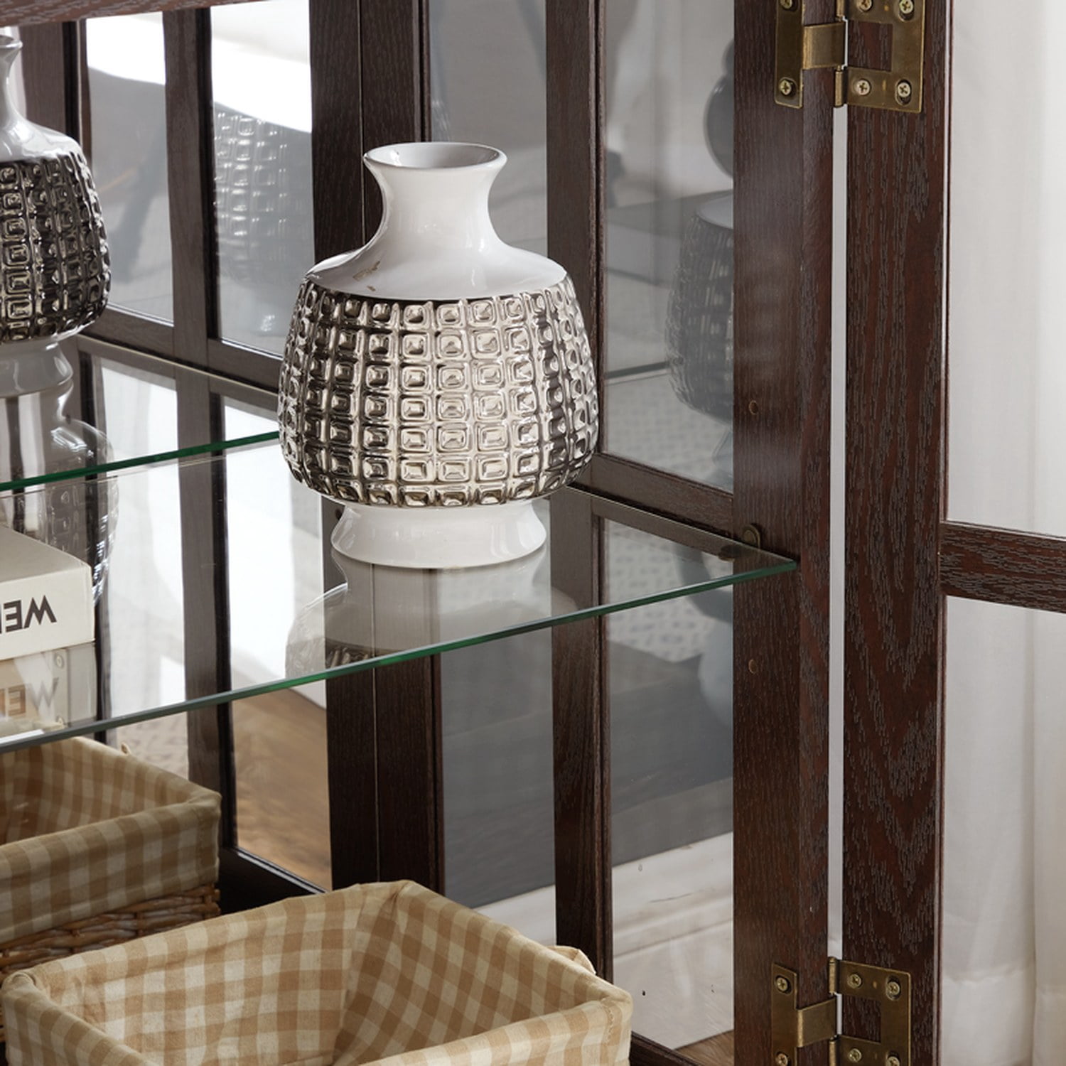 LED Curio Display Cabinet with Adjustable Shelves, Cherry Finish, 30.32 in x 15.75 in x 32.09 in