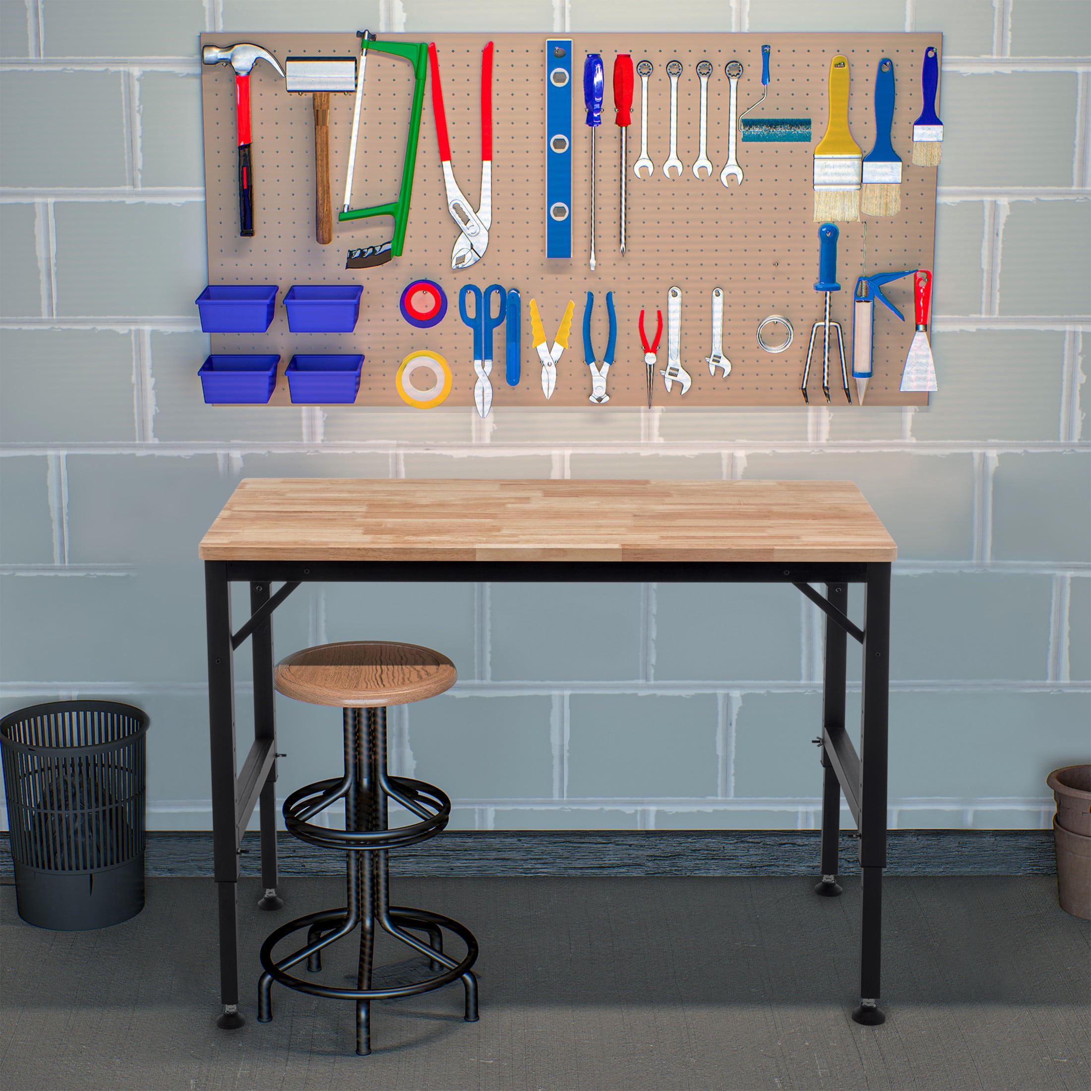 Noble House 48" Heavy-Duty Adjustable Workbench with Thick Rubber Wood Top, Hardwood Workstation, Black & Natural
