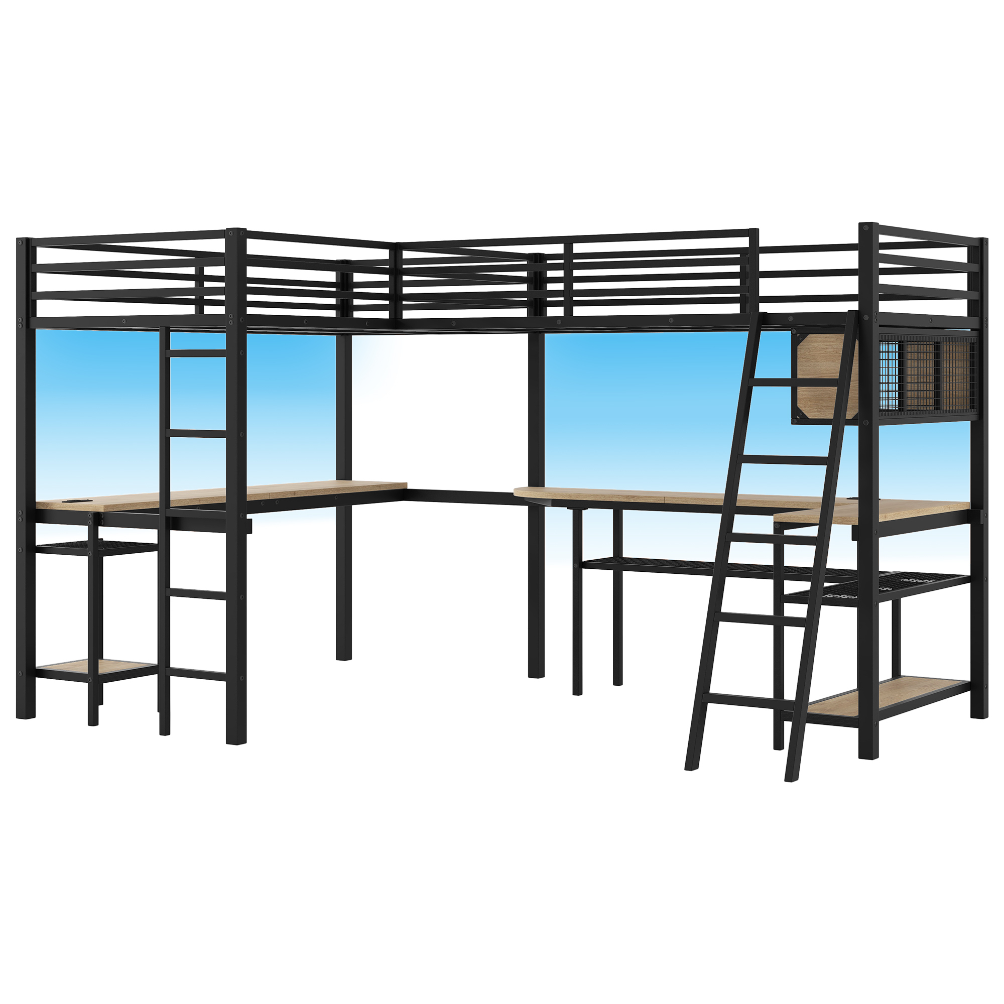 Euroco Twin L-Shaped Metal Loft Bed with Built-in Study Desk and Shelves, Gaming Bed with LED Light and USB Charging, Black