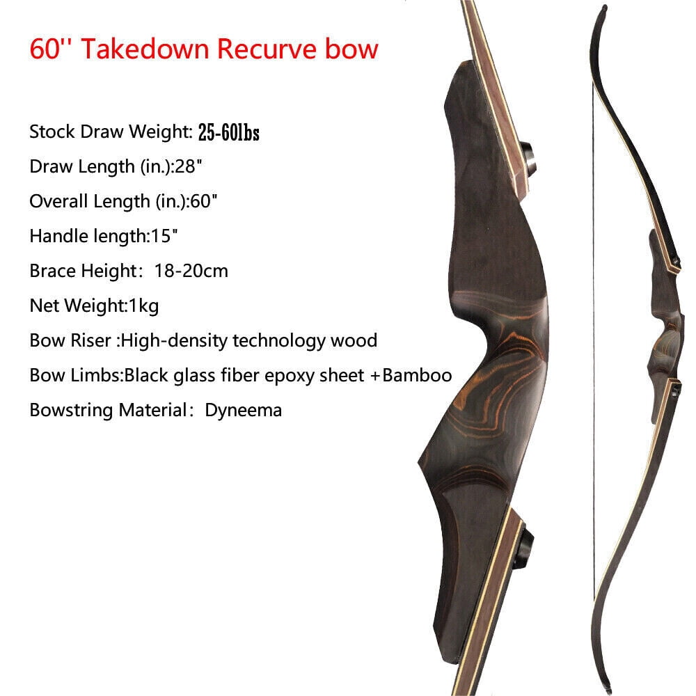 60" Traditional Wooden Recurve Bow 60 lbs – Takedown Design with Solid Riser, Strong Limbs and Excellent Control, Ideal for Target Archery and Outdoor Hunting Use