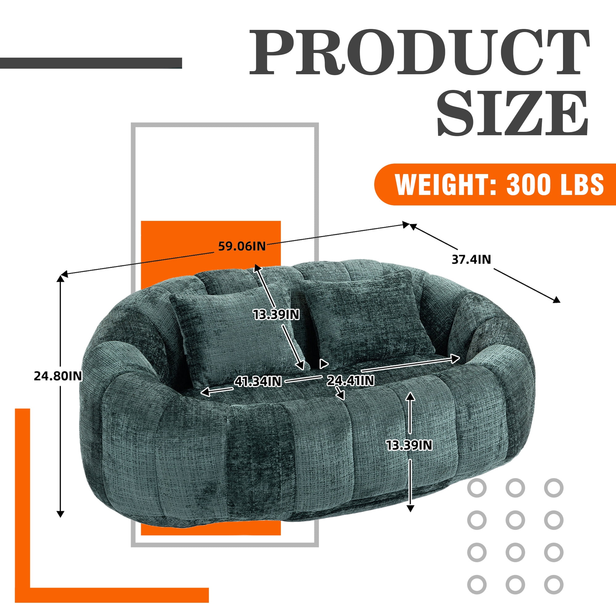 59''W Chenille Loveseat Sofa Small Couch Oversized Bean Bag Chair, Modern Lounge Loveseat Sofa with 2 Pillows,Bean Bag Couch Floor Lazy Sofa for Living Room Bedroom Apartment (Emerald)