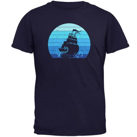 Marine Ocean Sail Boat Octopus Kraken Retro Sun Blue Mens T Shirt Navy LG