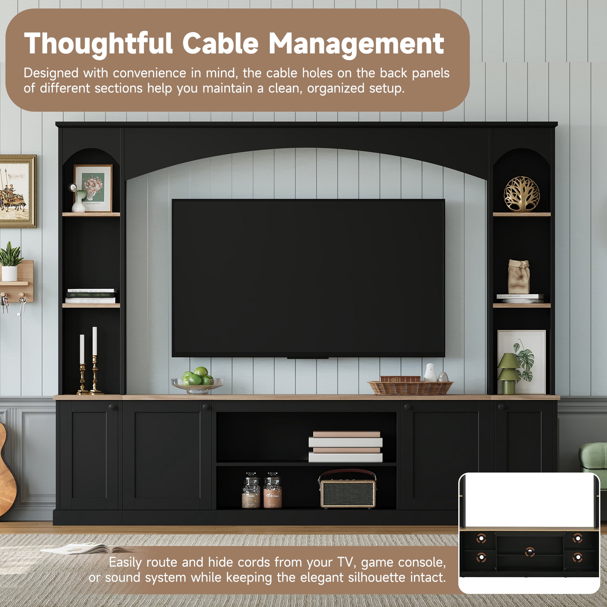Luckynote Farmhouse TV Stand, Entertainment Center with Bookshelf, Arched Design Wood Grain for 70" TVs, 91 Inch Media Console with Adjustable Shelves, Black
