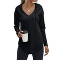 thumbnail image 3 of NFTOEIULA Women V Neck Long Sleeve Chest Pocket Curved Hem Waffle Drawstring Hoodie, 3 of 7