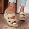 thumbnail image 2 of Rokment Womens Wedges High Heels Dress Slides Sandals Ladies Stylish Simple Denim Cross-Band Platform Chunky Heeled Slip on Summer Casual Height Increasing Dressy Slippers Beige Size 6.5, 2 of 6