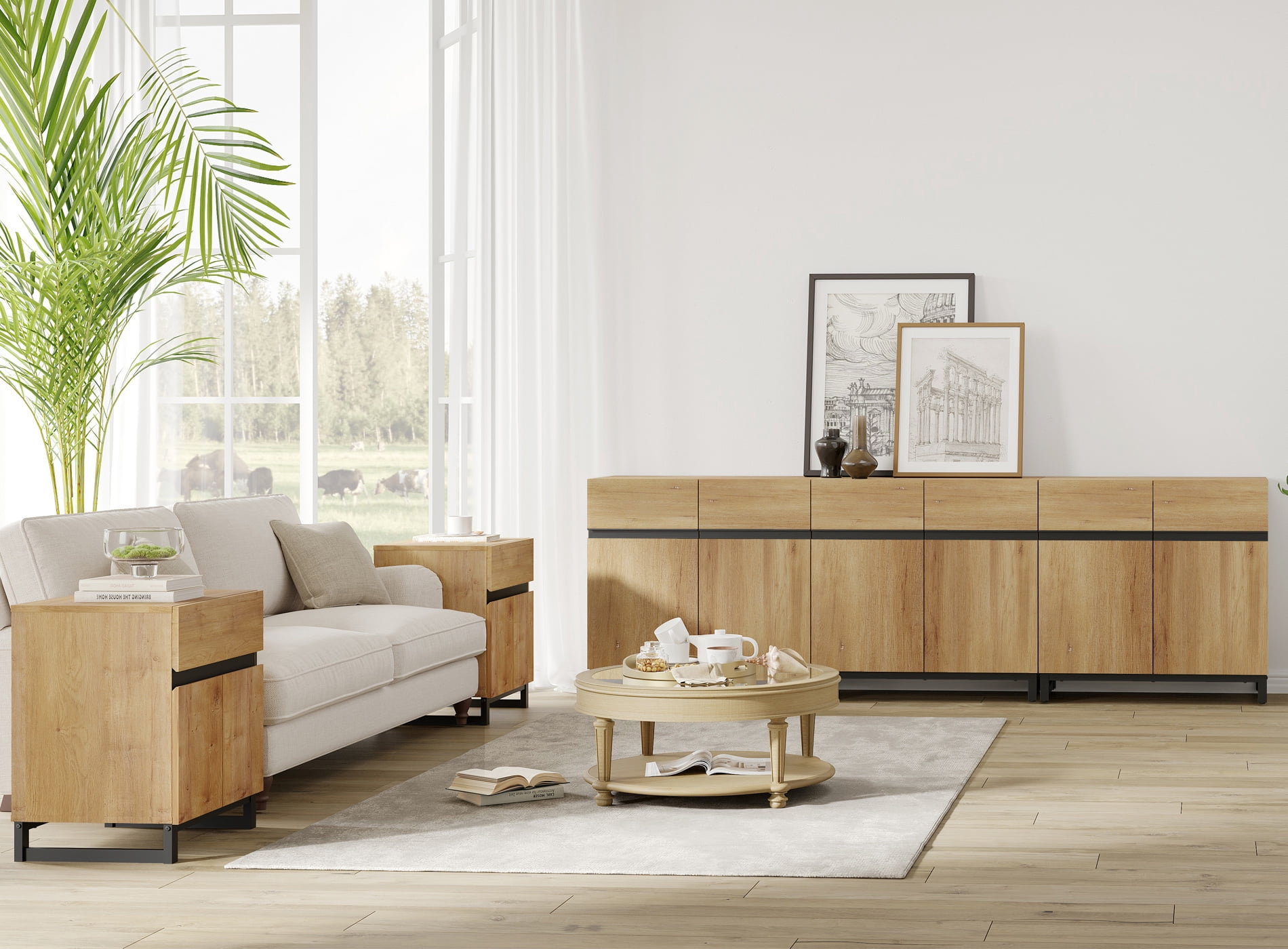 Modern 3-Piece Living Room Set – 94.5" TV Stand + 2 End Tables with Drawers, Entertainment Center with Storage Cabinet for Living Room,Oak