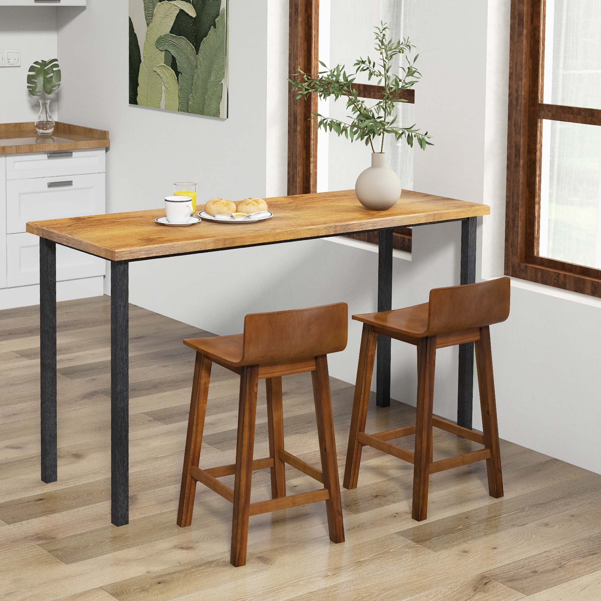 Costway 24.5" Wood Bar Stools Set of 2 with Solid Back & Seat Mid Century Bar Chairs Brown