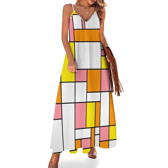 Nuevo Not Mondrian 1 - Vestido sin mangas geométrico abstracto en naranja, amarillo y rosa ropa para mujer