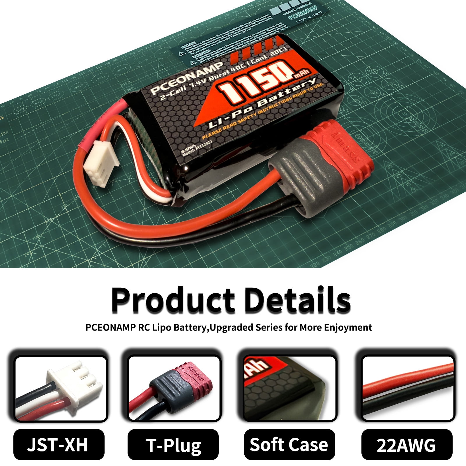 PCEONAMP 2S Lipo Battery 1150mAh 7.4V Burst 40C with T Plug  RC Battery Fit for HBX  18858 18859 18859A 16890A  2196 ,  and Most 1/12, 1/16, 1/18 Scale RC Car Truck with 1 USB Charger （2packs）