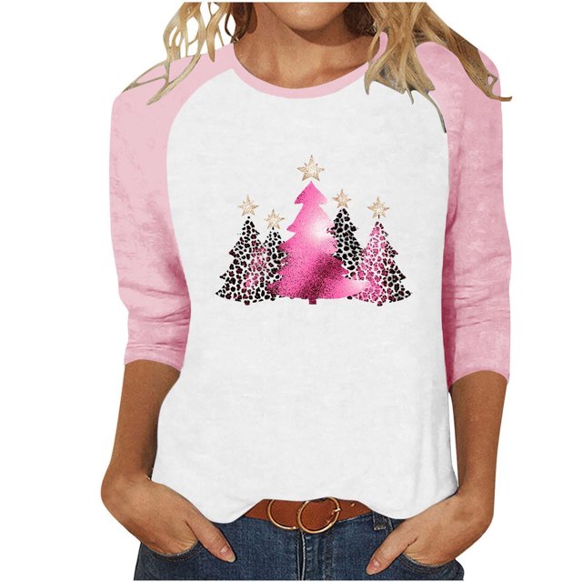 LckLvx T-Shirts de Noël pour Femmes Col Rond Manches 3/4 Raglan Chandail Tops Mignons Graphiques Décontractés