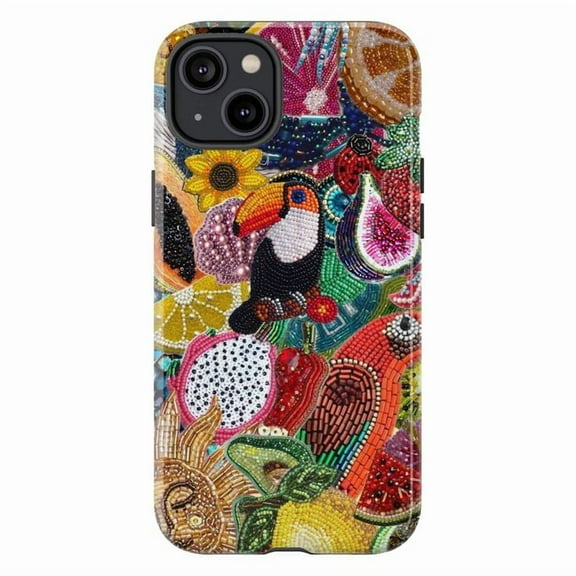 Tropical Toucan Mosaic Phone Case, Colorful Fruit & Flower Artistic Protective Cover for iPhone 16 15 14 13 12 11 Pro Max Plus Mini