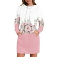 thumbnail image 2 of Women's Long Sleeve Hooded Sweatshirt Dress with Cute Floral Print, Casual Dress with Side Pockets for Fall and Winter, Cozy and Fashionable Retro Style Hoodie Dress,Pink,L, 2 of 7