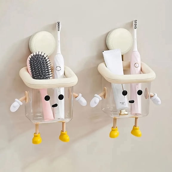 2Pcs Cute Suction Cup Organizer, Toothbrush Holder with Water Outlet, Wall Mounted Storage Box