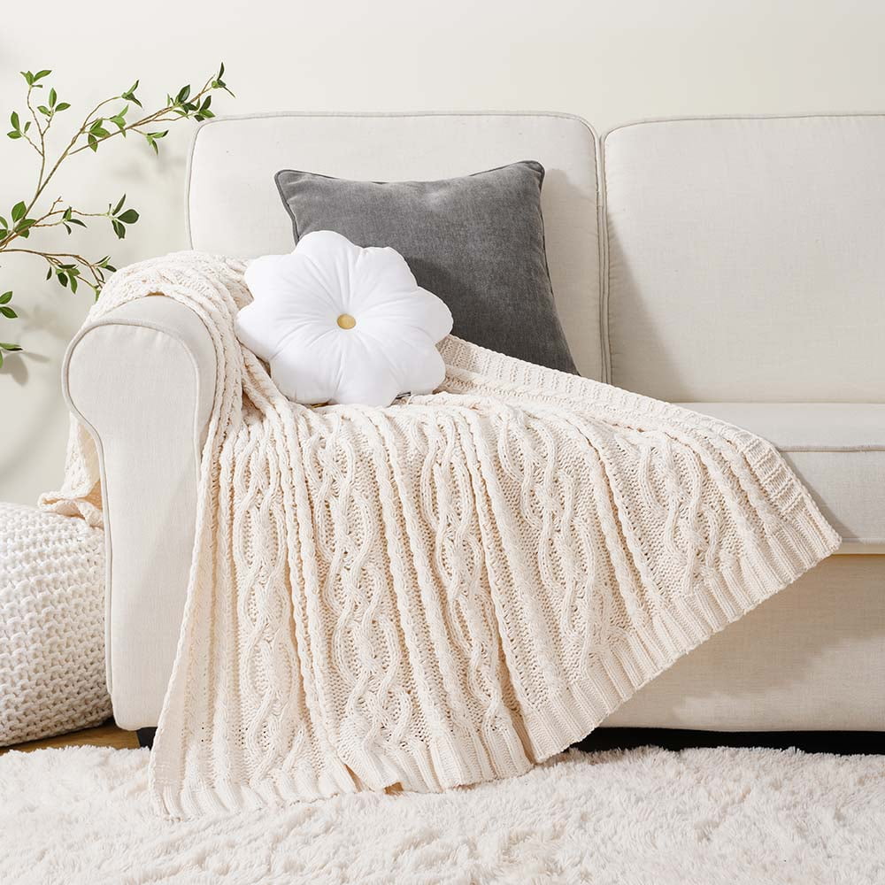 Battilo Cream Chenille Knit Throw Blanket, Textured Woven Decorative Blanket for Couch Bed,51"x67"