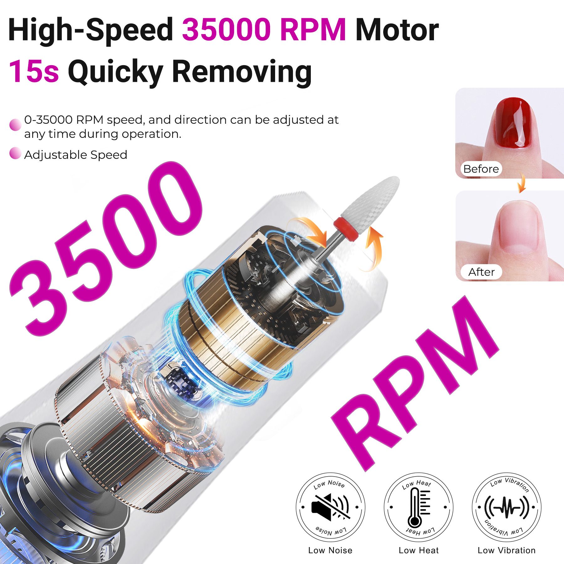 Rechargeable Electric Nail Drill 35000RPM Portable Wireless Nail Grinder Pedicure Manicure Set Silver