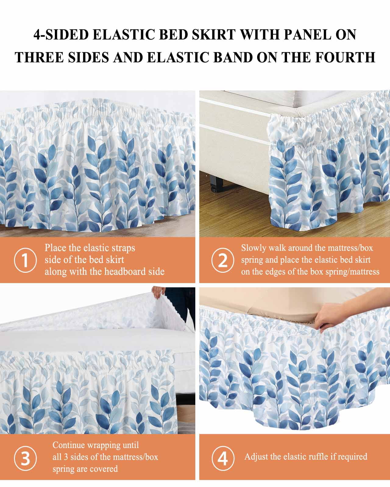 Blue Leaf Bed Skirt Queen Size, Watercolor Country Plant Monochrome Branch Wrap Around Bed Skirting with Adjustable Elastic Strap, Dust Ruffle Pleated Bedskirts 16 Inch Drop for Bedroom Queen Beds