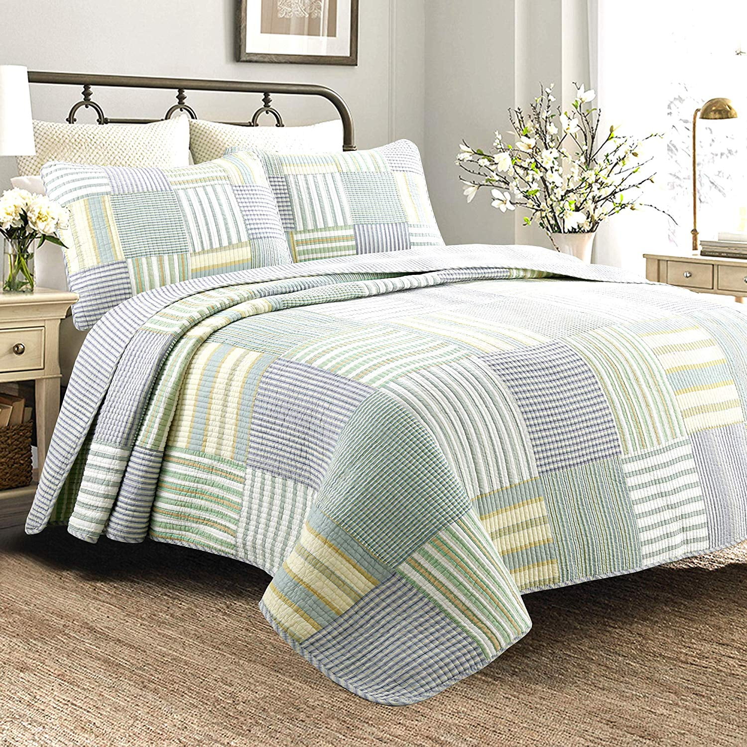 Cozy Line Fresno Green Stripe Real Patchwork 100 Cotton Quilt Set